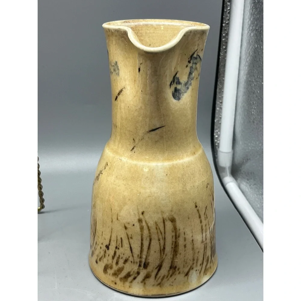 Vintage Studio Art Pottery Pitcher Carafe Signed 83 Handcrafted Rustic Farmhouse